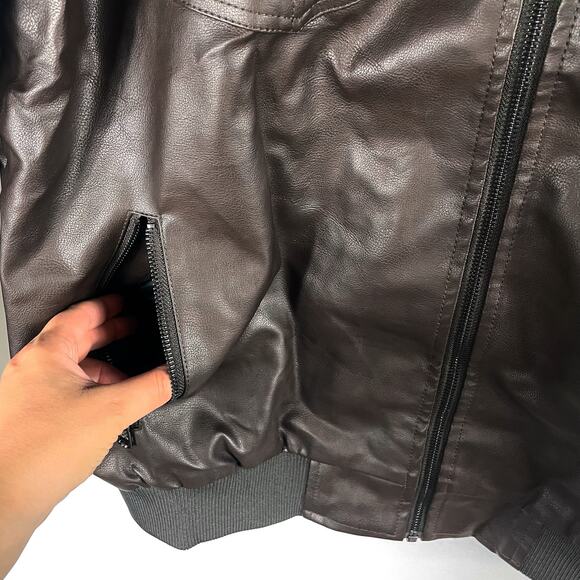 MagcoMsen Faux Leather Jacket Brown Layered Removable Hood Moto Sz XL Men's - Picture 7 of 13